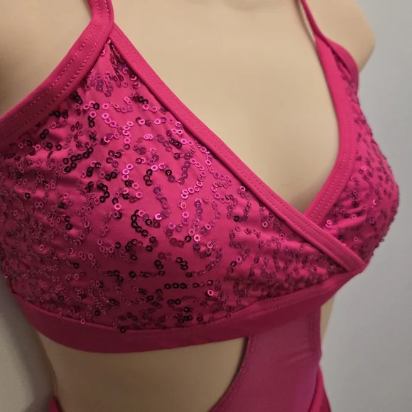 WEISSMAN sequin criss-cross dance leotard bright pink fringe skirt costume Sz Sm - Picture 4 of 8